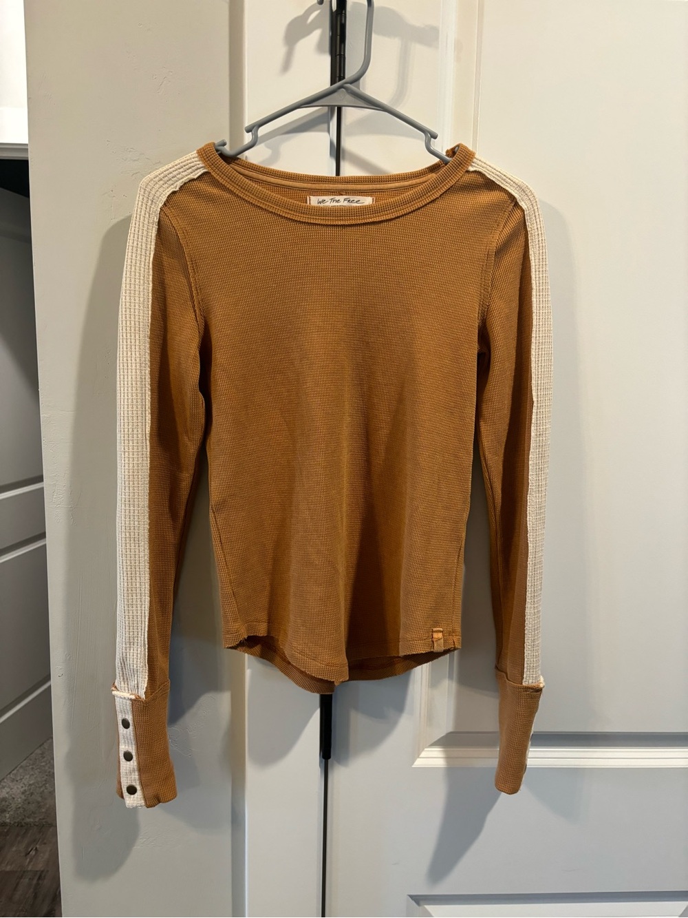 We The Free Rust Long Sleeve Waffle Top with Cream Shoulder Stripe